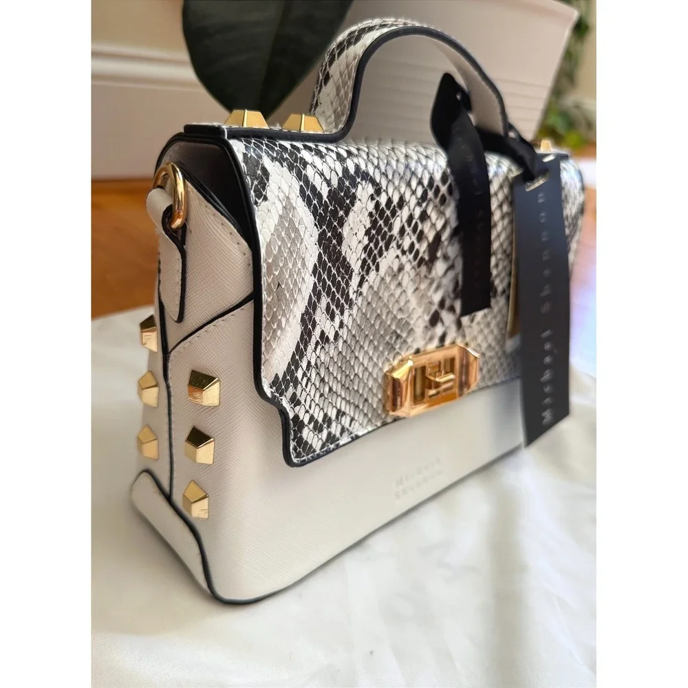 Snake Print Studded Satchel Bag Ivory Gold Chain Crossbody Top Handle NWT